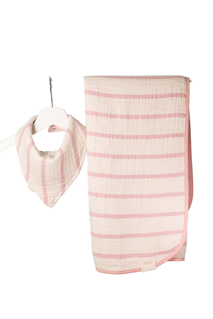 Musselin Bandana Lätzchen - Zartrosa gestreift - 100% Bio-Baumwolle