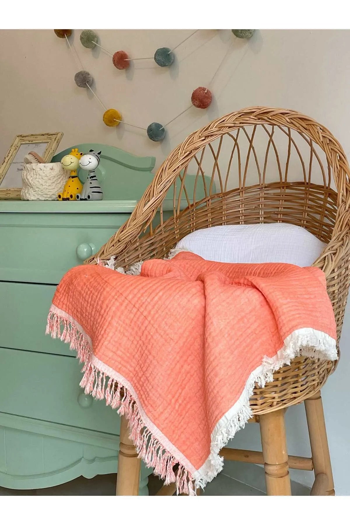 Musselin-Babydecke Orange / Weiß mit Fransen - 100% Bio-Baumwolle