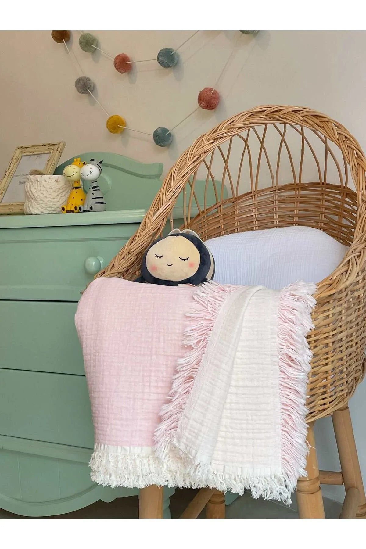 Musselin-Babydecke Rosa mit Fransen - 100% Bio-Baumwolle