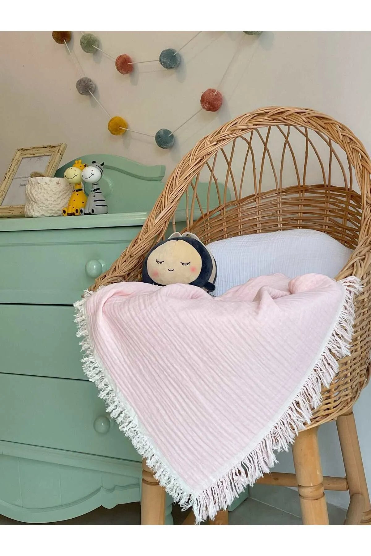 Musselin-Babydecke Rosa mit Fransen - 100% Bio-Baumwolle