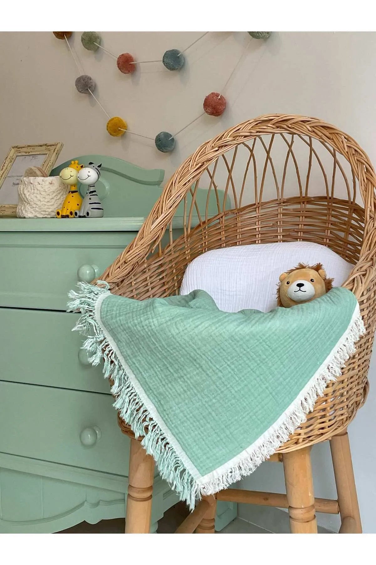 Musselin-Babydecke Mintgrün mit Fransen - 100% Bio-Baumwolle