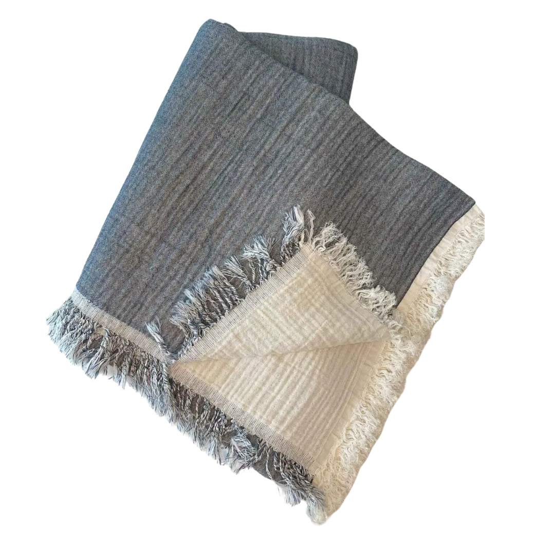 Musselin-Babydecke Graublau / Weiß mit Fransen - 100% Bio-Baumwolle