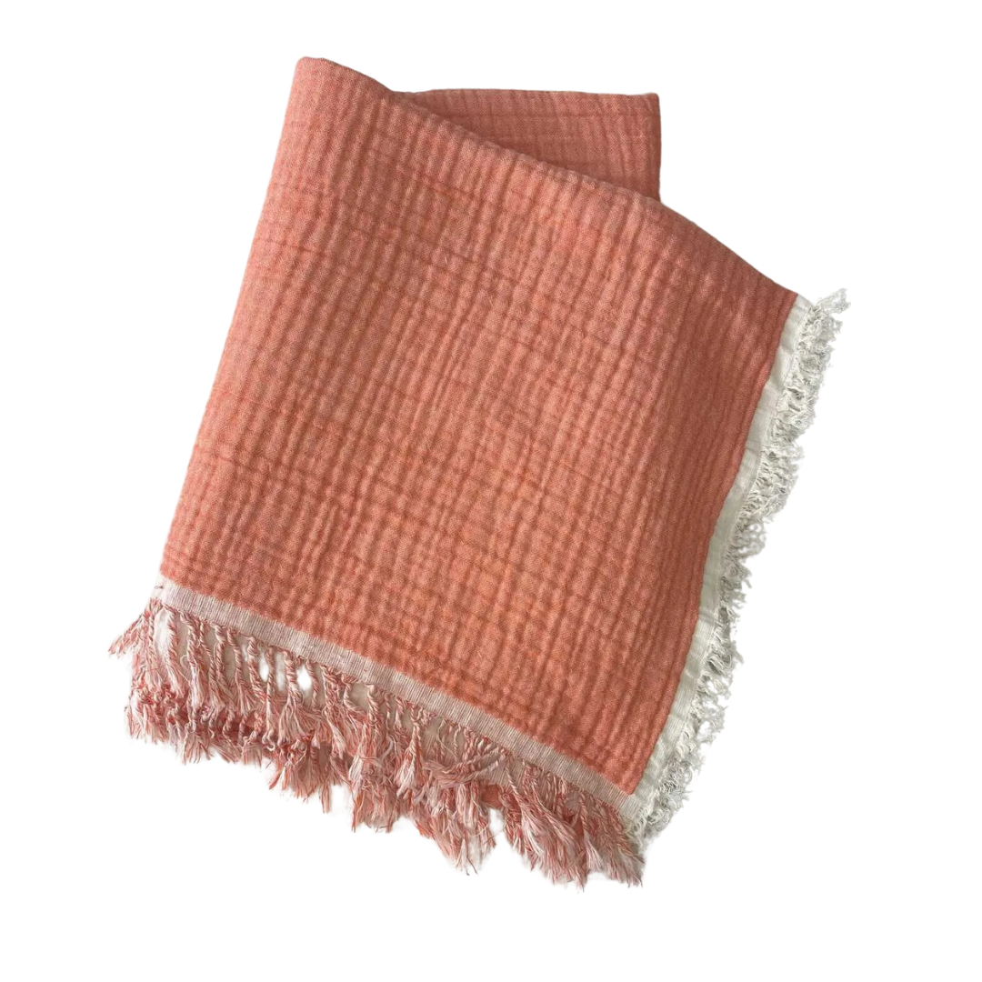Musselin-Babydecke Orange / Weiß mit Fransen - 100% Bio-Baumwolle